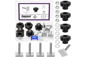 Swpeet 6 uppsättningar 304 rostfritt stål M6 T spår bolt knapp kit, M6 × 30mm T slott bultar med stjärnknappar grepp, lås mut