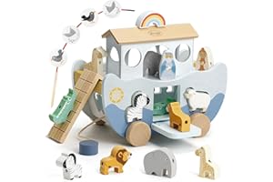 Joyreal Arche Noah Holz - Taufgeschenke für Mädchen Jungen Kinder, Geschenk Taufe, Montessori Spielzeug ab 1 2 3 Jahr, Holzspielzeug mit Bauernhof Spielzeug Sortier Stapel