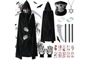 SHENGRUILI Halloween Sensenmann Kostüm Kinder,Sensenmann Kinderkostüm,Reaper Kostüm,Grim Reaper Sensenmann,Sensenmann Halloween,Halloween Kostüm Set,Vampir Umhang Sichel Kleidung für Party Karnevals Cosplay