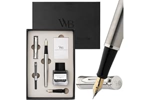 Wordsworth & Black Ensemble de Stylos Plume, Plume Moyenne et Extra Fine Dorée 18K,Bouteille d’Encre Noire 25ML,6 Cartouches,Convertisseur,Boîte Cadeau–[Argent Chrome],Coffret pour Hommes et Femmes.