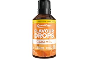 IronMaxx Flavour Drops - Caramelo 50 ml, sin calorías y sin azúcar, gotas saborizantes veganas para endulzar alimentos práctico tapón cuentagotas