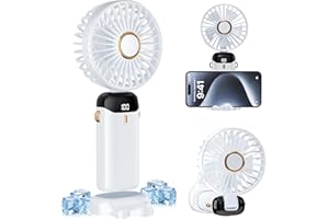 YAEFDD Ventilateur portable à main, ventilateur mini à piles avec base, 8 heures, affichage numérique, 5 vitesses, ventilateur ajustable à 90° pour l'extérieur et l'intérieur.blanc