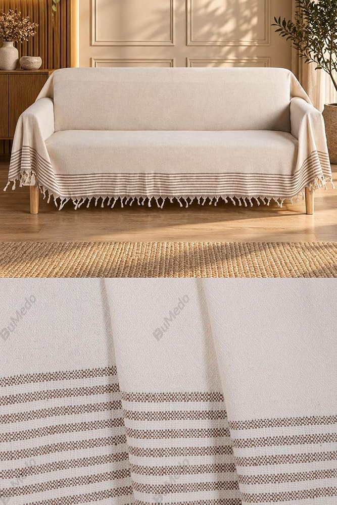 Bumedo Natural Buldan İşi Kolları Örten Kaymaz Kanepe Çekyat Koltuk Örtüsü 180x300 cm Pamuk Dokuma (Kreme Kahve)