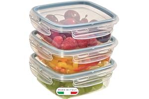 Snips - Set 3 Contenitori per Alimenti 0,5L Trasparenti, Coperchio Salva Freschezza con 4 Chiusure di Sicurezza - Contenitore per Cibi 14,7x14,7x8 Frigorifero, Microonde e Lavastoviglie, Made in Italy