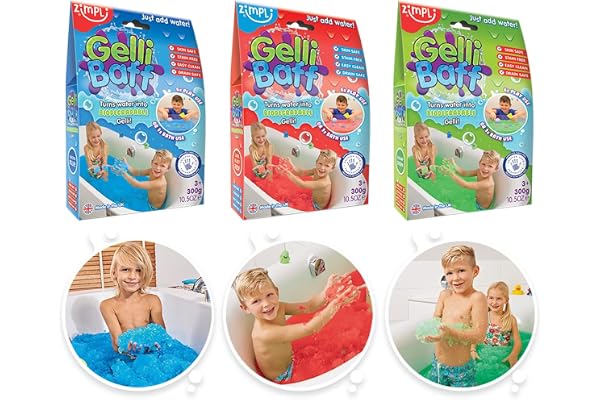ZIMPLI - Lot de 3 Gelli Baff, Bleu, Rouge et Vert, transforme magiquement l'eau en Une Boue épaisse et colorée, Jouets d'anniversaire pour garçons et Filles de 4 à 9 Ans