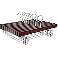 Amber Home 35.5cm Retro Wooden Pants Hangers 10pcs, Antique Smooth Wood Skirt Hanger with Adjustable Anti-Slip Chrome Clips, Walnut Brown Solid Clothes Hangers Rack for Bottoms Jeans Slacks Trousers