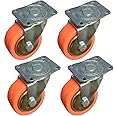 HYDUR Metal Castor SINGLE Wheel for Center Table/100kg Load Capacity, 360 Degree Moving (Height: 2"/50 CM) Set of 4 Pieces (Silver & Orange)