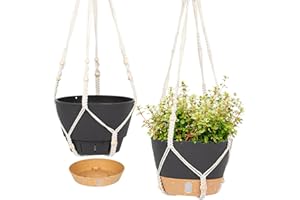QCQHDU 2 Stück Makramee-Pflanzenhänger zum Aufhängen, 25,4 cm, für drinnen und draußen, hängender Blumentopf mit Ablaufloch für Garten und Zuhause (Grau)
