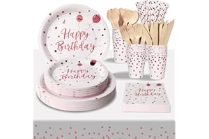 PYAILI Compleanno Stoviglie Oro Rosa Bianco 193 Pezzi Set Include Piatti, Tovaglioli, Tazze di Carta, Adatto a Tutti i tipi di Feste a Tema -24 Ospiti