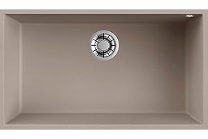 EVHOC Lavello di Design per Cucina 1 Vasca UNICUM L Sottotop, Lavandino in Kuarzite Vasca Unica, Piletta e Accessori per il Montaggio Inclusi, Made in Italy, Tortora, 76x44 cm