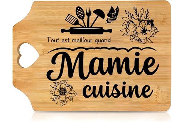 Cadeau pour Mamie - Planche à Découper Gravée Cœur, Cadeau pour la Fête des Grand-Mères - Cadeau Anniversaire Unique et Personnalisable - 30x21cm en Bambou Naturel
