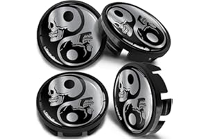 SkinoEu 4 x 65mm Tapas de Rueda de Centro Centrales Llantas Aluminio Compatibles con Tapacubos VW Número de Pieza 3B7601171 / 6U7601171 Negro Plata Cráneo Yin Yang CVZ 2