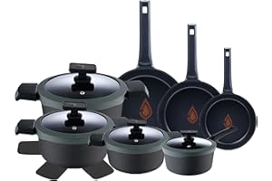 MasterPRO Gastro Reeco | Set de 11 Piezas 3 Cacerolas de 20, 24, 28 cm y Cazo de 16 cm con Tapa| Indicador Temperatura | Aluminio Fundido Reciclado | Antiadherentes | Apto para todo Tipo de Cocinas