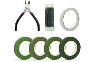 QHSXMQ Blumendraht Grün, 4 Rollen Floristenband 12mm x 27m, Draht-Schneider und Doppelseitigem Klebeband, Floristendraht und Floristenkrepp für Weihnachtskranz, Floristik und Geschenkverpackung( (7 Stück)