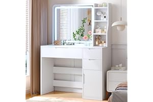 Brinlawb Weißer Schminktisch, Kosmetiktisch mit LED-Beleuchtung & Spiegel - 3 Farbtemperaturen, dimmbar | Schminktisch mit 3 Schubladen, 3 Regalen & Schrank | Weißer Make-up Tisch für Schlafzimmer