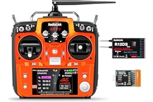 Radiolink AT10II Émetteur et Récepteur RC R12DS 12CH, Télécommande 2,4 GHz Télémétrie Tension, Radio Commande pour Avion RC, FPV Racing Drone, Quad, Hélicoptère (Accélérateur à Gauche, Menu Anglais)