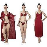 REPOSEY Women's Satin Solid Maxi Length Nighty with Robe and Bra with Panty (Free Size) (Pack of 4)