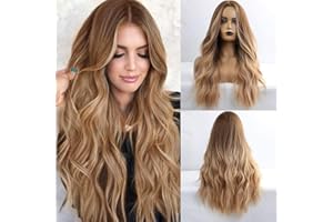 ‎HAIRCUBE HAIRCUBE Lange lockige braune Perücke Mittelscheitel Frauen Perücken 24 Zoll Perücken für Frauen Natürlich aussehende synthetische Perücken