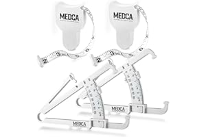 MEDCA Body Tape Measure and Skinfold Caliper for Body - 4 Piece Set - Skin Fold Body Fat Analyzer and BMI Measurement Tool, White