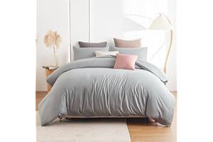 Soifox Double Duvet Cover Set - Grey Bedding Set Double Bed with Zipper Closure, Soft Microfiber Duvet Cover with 2 Pillowcases, Gray