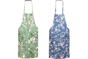 MEMOFYND 2 Delantales de Cocina Vintage Florales para Mujer con 2 Bolsillos (Azul, Verde) - para Hornear