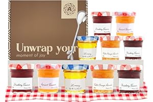 A AMOUSA Jam Gift Set & Marmalade Hamper - Includes 10x Mini Jars of Strawberry, Raspberry, Apricot, Orange Marmalade, Honey & a Teaspoon. Elderly Gifts & Jam Selection Gift Set