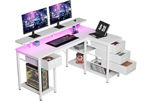 Seventable Computer Desk L Shape with 4 Drawers & Shelves, Gaming Table with LED & Sockets, Gaming Desk with Monitor Stand for Home Office, Bedroom, Living Room (White, 140 cm)