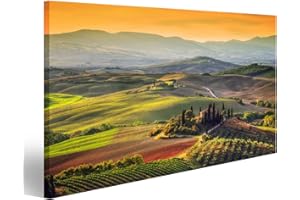Picture on Canvas Tuscany Landscape at Sunrise, typical of the Tuscan Manor House of the Region, Growing Hill Vineyard Italy Wall Picture, Poster, Canvas Picture NDG