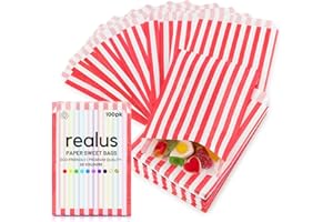Red Paper Sweet Bags 5 x 7” | REALUS 100pk Small Empty Sweets Bag | MADE IN BRITAIN | Retro Candy Stripe Sweetie Bags – Perfect for Kids Party, Pic n Mix Shop, Wedding Favours, Popcorn