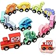 Masroo Wooden Train Set with Dinosaur Toys, Snap-Connection Dinosaur Train, Matching and Magnetic Number Train Learning Toys, Fine Motor Skill Educational Toy Gift for 3 4 5 Years Old Kids