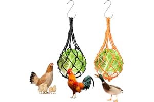 DISNACE 2PCS Hähnchen Futterautomat,Fütterungs Netzbeutel,Hühner Spielzeug Zubehör,Obst und Gemüsehalter Nylon Heunetz Hänge mit 2 stück Haken,Robustes Netz für Hühnern, Enten, Gänsen, Geflügel,Netz Ball