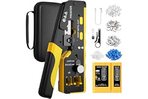 Proster RJ45 Pass Through Crimp Tool with Rechargeable Cable Tester - RJ45 Crimping Tool for 8P CAT5 Cat6 CAT7 & 6P RJ11 RJ12 with Gold-Plated 20PCS CAT7 Shielded Connectors & 30PCS CAT6 Connectors