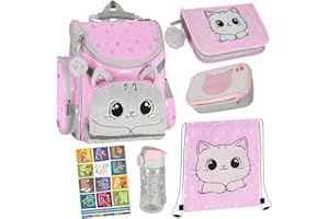Goldkids - Schulranzen für Jungen und Mädchen, 4/6/8/15er-Set - Schul-Rucksack für Kinder mit Federmäppchen - Schuhbeutel und Hausaufgabenheft - Katze Motiv - 1-3 Klasse