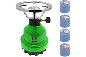 ELFMONKEY Hornillo de camping E190 | Set de cocina de gas de metal y cartucho de gas de Stechgas | estufa de gas | 1 foco | exterior, ocio, senderismo, picnic modelo: verde + 4 cartuchos de gas