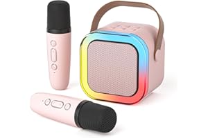 DRSYXCS Karaoke Machine for Kids Adults, Mini Bluetooth Speaker with 2 Wireless Microphones, Portable Singing Mic Toys Kit with Party LED Light and Voice Changer for 3-12 Years Old Boys Girls(Pink)