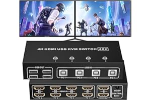 HDMI KVM Switch Dual Monitor 4X2, BolAAzuL 4K@60Hz HDMI 2.0 KVM USB 2.0 Switcher 4 in 2 Out, KVM Switch HDMI 4 PC 2 Monitores Keyboard Mouse con 4 USB 2.0 Hub