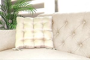 yibo Pack 6 Cojines para Sillas y Asientos, Cojín Decorativo con Correas de Sujeción, Funda de Loneta, 9 Pespuntes, Decoración de Jardín Casa Terraza, 40 x 40 x 3.5 cm, Beige, 6 Piezas