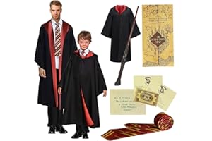 TUNAON Harry Kostüm 6-teiliges Set für Erwachsene und Kinder, inklusive Zauberer Umhang, Zauberstab und Krawatte. für Halloween, Karneval, Cosplay und Geburtstag, Rituale voller