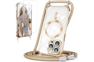 GOODVISH Handykette für iPhone 15 Pro Hülle mit Band, mit 2 Stück Schutzfolie, Necklace Handyhülle mit Kette für 15 Pro 6,1", Magnetisch Transparent Case 360° Schutz, Gold