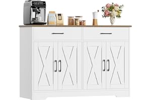 ‎HOCSOK HOCSOK Sideboard, 120cm Breit Küchenschrank mit Arbeitsplatten, Küchenbuffet Aufbewahrungsschrank mit 2 Schubladen und 4 Türen Wohnzimmer, Küche, Flur, Weiß & Braun