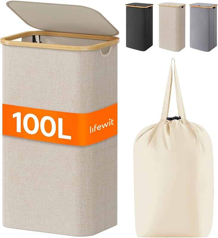 Lifewit 110L Laundry Basket with Lid, Clothes Hampers for Laundry with Bamboo Handles and 1 Removable Bag, Large Foldable Laundry Hamper for Bedroom, Bathroom, Dorm, Laundry Room, Beige
