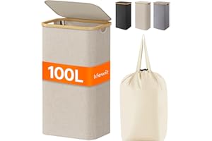 Lifewit 100L Laundry Basket with Lid, Clothes Hampers for Laundry with Bamboo Handles and 1 Removable Bag, Large Foldable Laundry Hamper for Bedroom, Bathroom, Dorm, Laundry Room, Beige