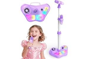 Dislocati Microphone sur Pied pour Enfants 3+ Ans, Double Micro avec Lumière LED Colorée, Hauteur Réglable 47-108 cm, Bluetooth/TF/USB/AUX, Cadeaux Noel, pour Filles et Garçons (Violet)