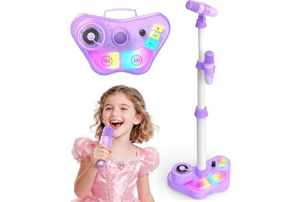 Dislocati Microphone sur Pied pour Enfants 3+ Ans, Double Micro avec Lumière LED Colorée, Hauteur Réglable 47-108 cm, Bluetooth/TF/USB/AUX, Cadeaux Noel, pour Filles et Garçons (Violet)