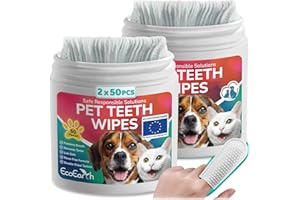 EcoEarth Salviette per la Pulizia dei Denti di Alta qualità per Cani e Gatti - 100 Pezzi - Dischetti per la Cura Dentale degli Animali Domestici per Un alito Fresco e un'igiene Orale