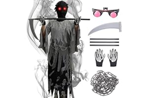 KITIMI Sensenmann Kostüm Kinder, 7PCS Halloween Sensenmann Kostüm mit Handschuhe Gürtel Rote Brille Sense Kette, Halloween Karneval Kostüm Cosplay für Kinder Herren Jungen Mädchen