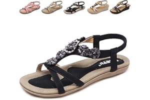 QJJQ Sandalen Damen mit Absatz Sommer Bequem Elegant Sandalen mit Strass Perlen Bohemia Strand Schuhe Freizeit Flach Sandalette Größe 36-42