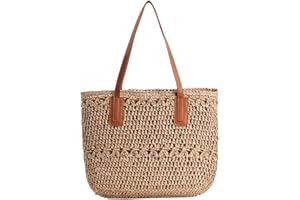 GSenhui Stroh Handtasche Damen, Sommer Strandtasche Stroh Groß, Korbtaschen Damen Strohtasche mit Leder Schultergurt, Strohtaschen Böhmische Handgewebt,Geflochten Basttasche für Reisen Strand