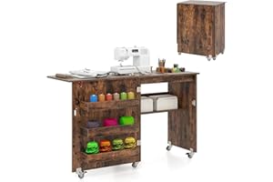 GIANTEX Armario de Costura Plegable 2 en 1 con 5 Ruedas, Mesa de Coser con 3 Compartimentos y 1 Estante Abierto, Aspecto de Vetas de Madera, para Dormitorio, Salón y Estudio (Marrón, 118,5x40x79,5cm)