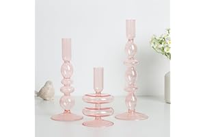Hewory Candle Holders Glass Candlesticks: 3pcs Pink Bubble Candle Holder Coloured Candle Sticks Holder for Tapered Candles, Decorative Candlestick Holders for Christmas Table Decoration Home Decor